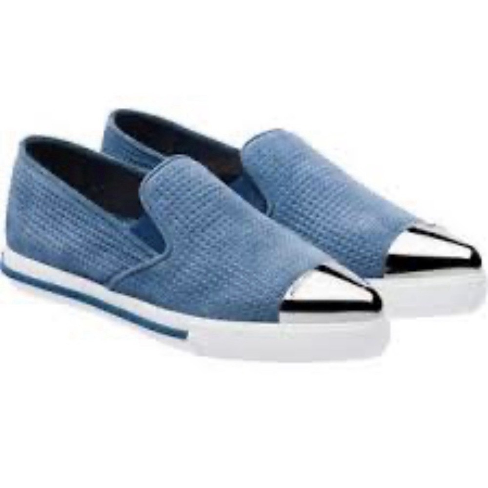 Miu Miu Blue Suede Metal Cap Toe Slip On Sneakers Shoes Sz 9 40.5 Preppy Travel